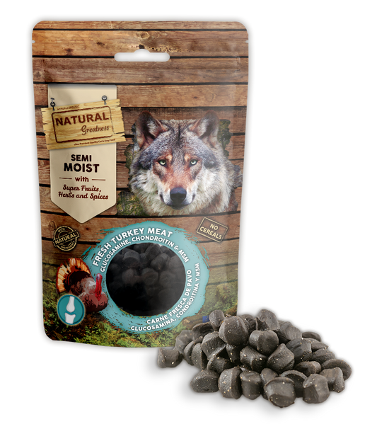 NATURAL GREATNESS Saftiger Snack (Bites), zur Gelenkunterstützung, 150 g (Truthahn, Glucosamin, Chondroitin und MSM)