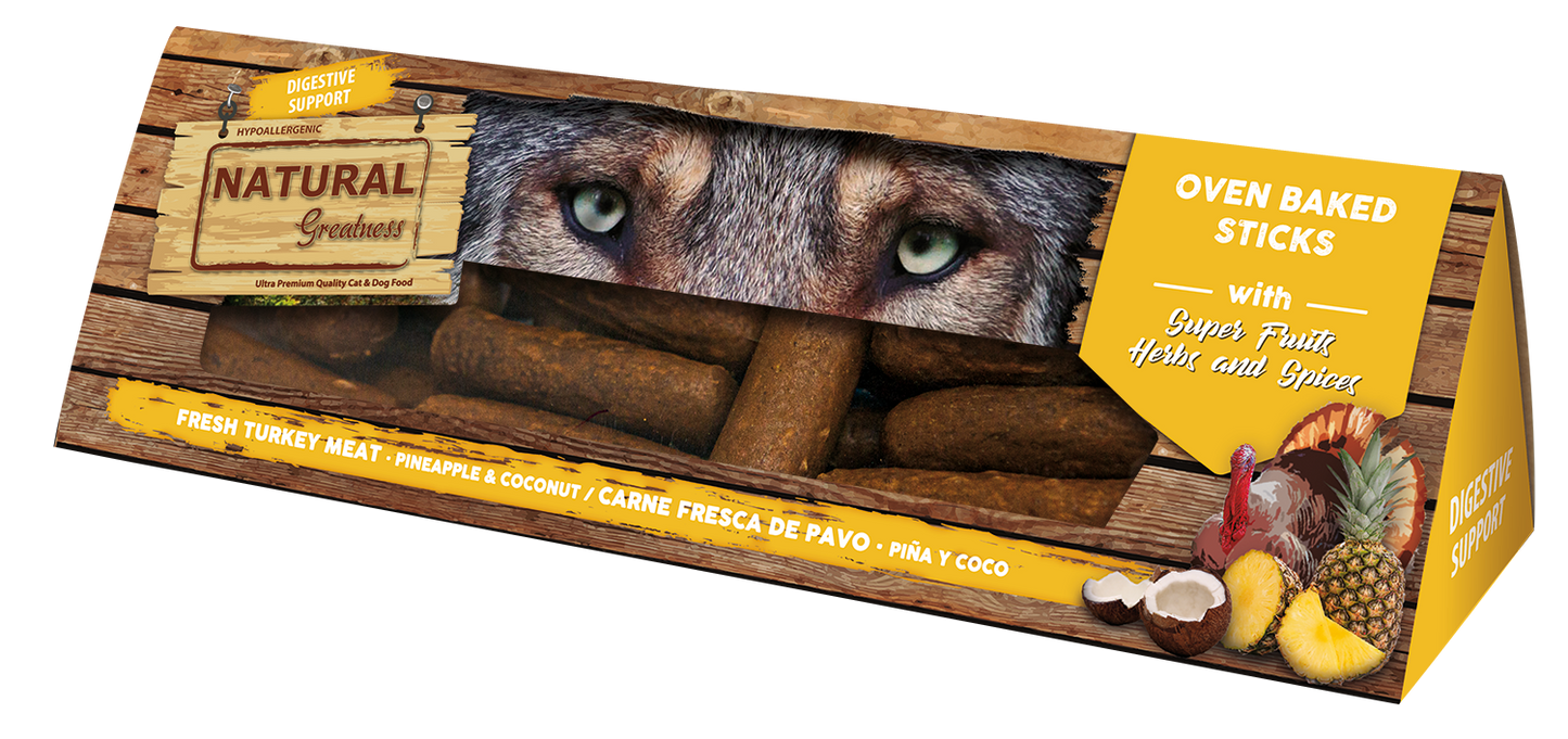 NATURAL GREATNESS Leckerlie, im Ofen gebacken, zur Verdauungsunterstützung 150 g (Truthahn, Ananas und Kokosnuss)