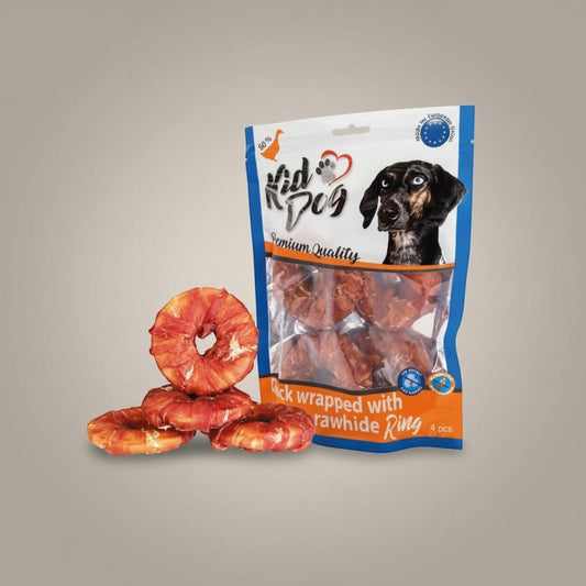 Lupiora Entenfleisch auf 9 cm Büffelring Hundesnacks in 4er Packung mit natürlicher Büffelhaut und Entenfilet