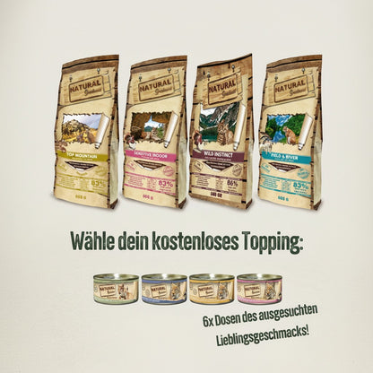 Lupiora Probierpaket SchnurrGenuss mit 4 Natural Greatness Katzentrockenfutter-Sorten und 6 Dosen Topping nach Wahl.