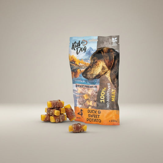 Lupiora KIDDOG Super Premium Hundesnacks aus Entenfleisch und Süßkartoffel in wiederverschließbarer 150g Packung