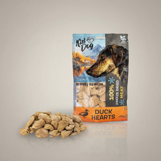 Lupiora Kiddog gefriergetrocknete Entenherzen als proteinreicher Hundesnack in einer wiederverschließbaren 50g-Packung