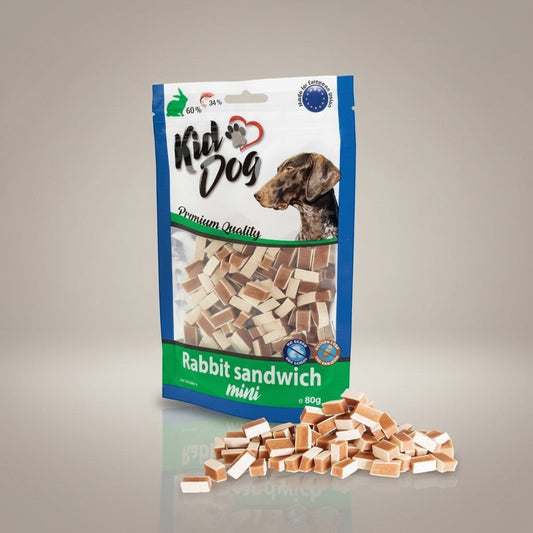 Lupiora Kiddog Mini Kaninchen- und Kabeljausandwich Leckerlis für Hunde in praktischer wiederverschließbarer Tüte