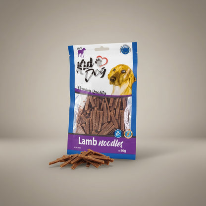 Lupiora Lamm-Nudeln als getreidefreie, zuckerfreie Belohnung für kleine Hunde und Katzen in 80g Packung.