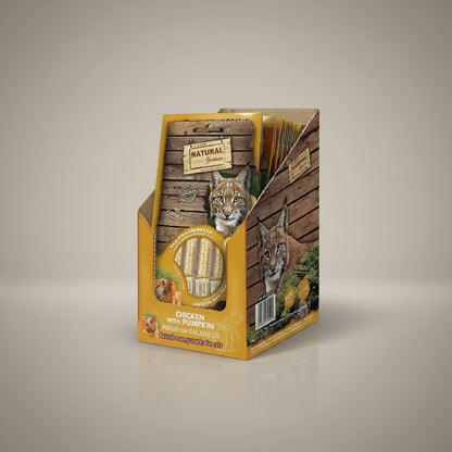 Lupiora Natural Greatness Huhn-Kürbiscreme Snack für Katzen zur Verdauungsunterstützung im Verkaufsdisplay