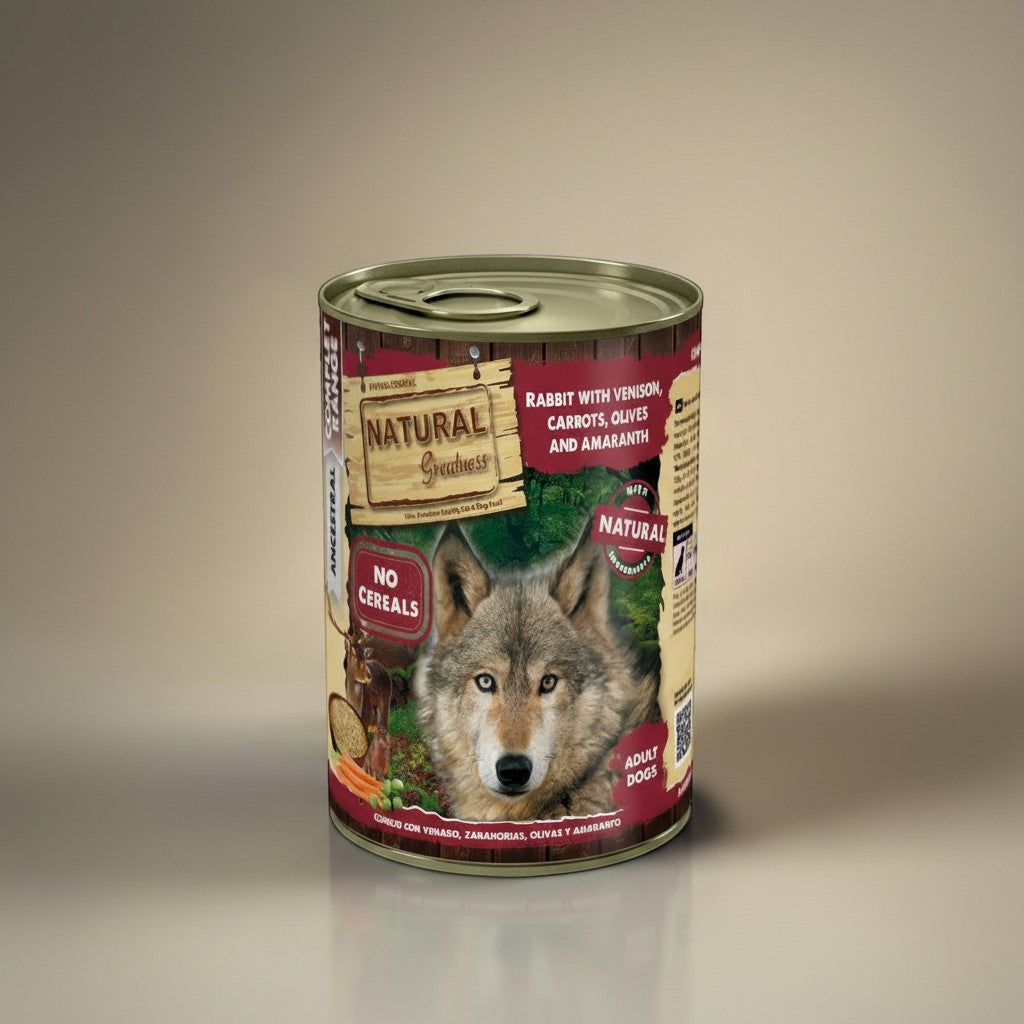 Lupiora Natural Greatness Hundefutterdose mit Kaninchen, Hirsch, Karotten, Oliven und Amaranth für ausgewachsene Hunde
