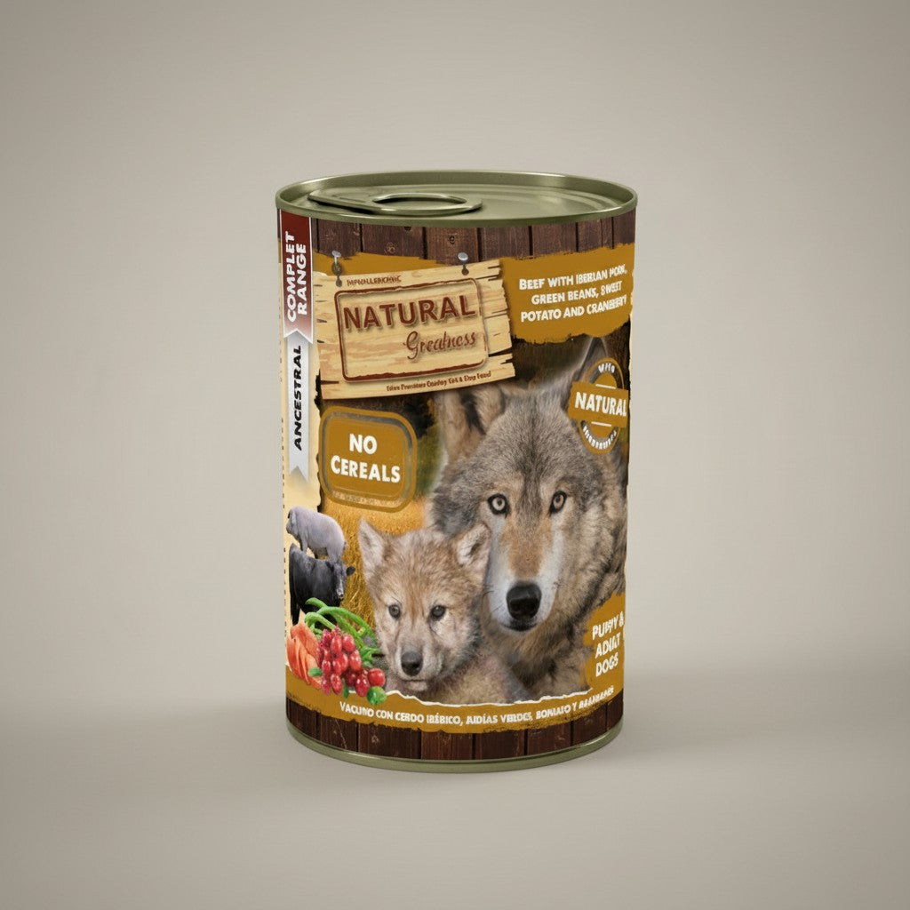 Lupiora Natural Greatness Hundefutterdose mit Rind, Iberico-Schwein, Süßkartoffel und Cranberry für Hunde.
