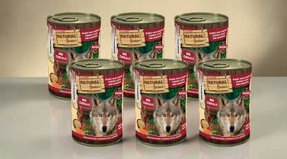 Lupiora Natural Greatness Hundefutter Set mit Kaninchen, Hirsch, Karotten, Oliven und Amaranth in sechs Dosen.