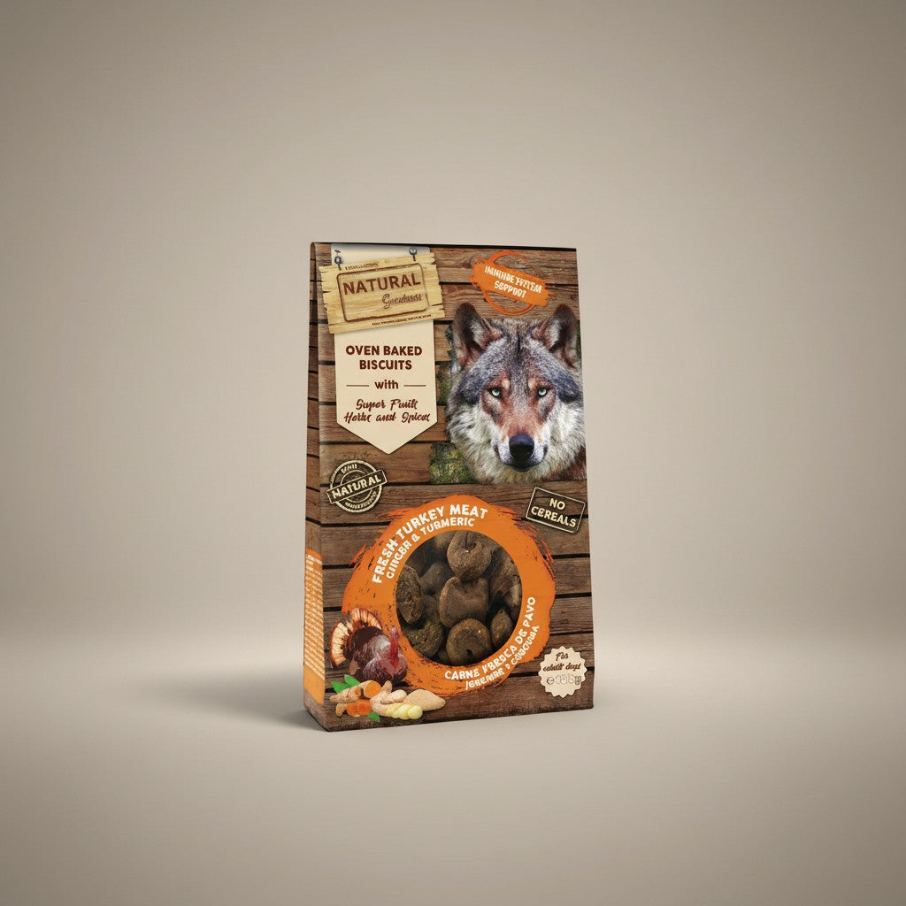 Lupiora NATURAL GREATNESS Hundeleckerlis mit Truthahn, Ingwer und Kurkuma, getreidefrei und im Ofen gebacken, 100g