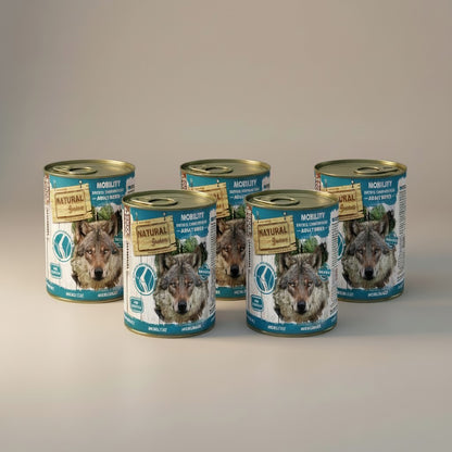 Lupiora Natural Greatness Mobility Nassfutter Set für Hunde zur Gelenkunterstützung in fünf Metalldosen
