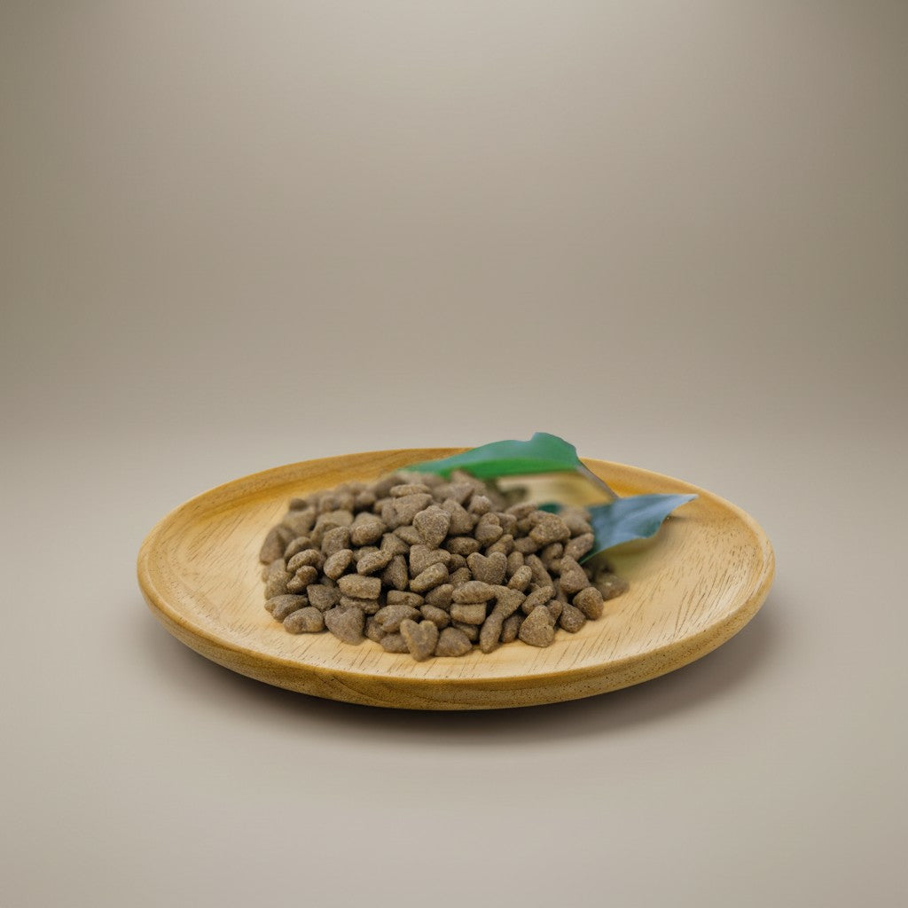 Lupiora NATURAL GREATNESS Sensitive Indoor Katzenfutter in Herzform auf einem Holzteller mit grünem Blatt