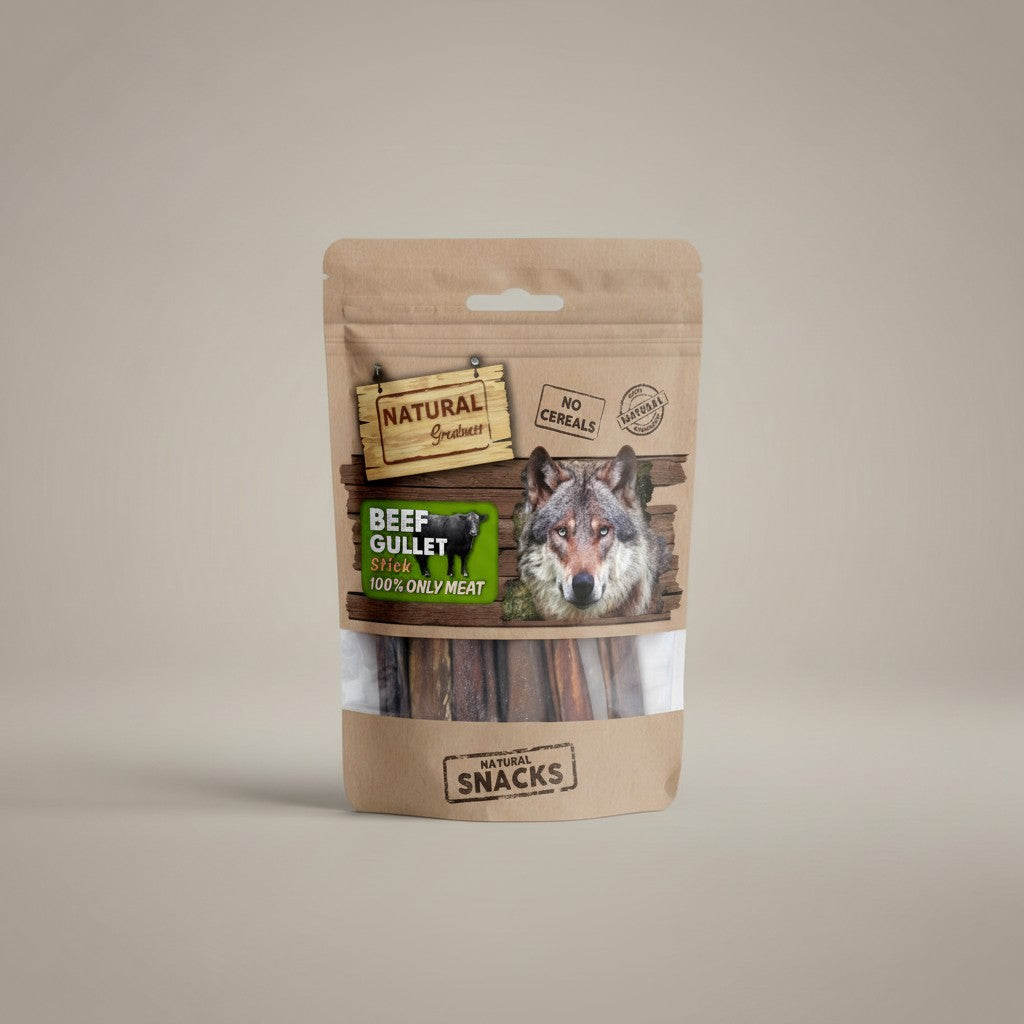 Lupiora NATURAL GREATNESS Rinderkehle Hundesnacks in brauner Standbodenbeutel-Verpackung, getreidefrei und natürlich.