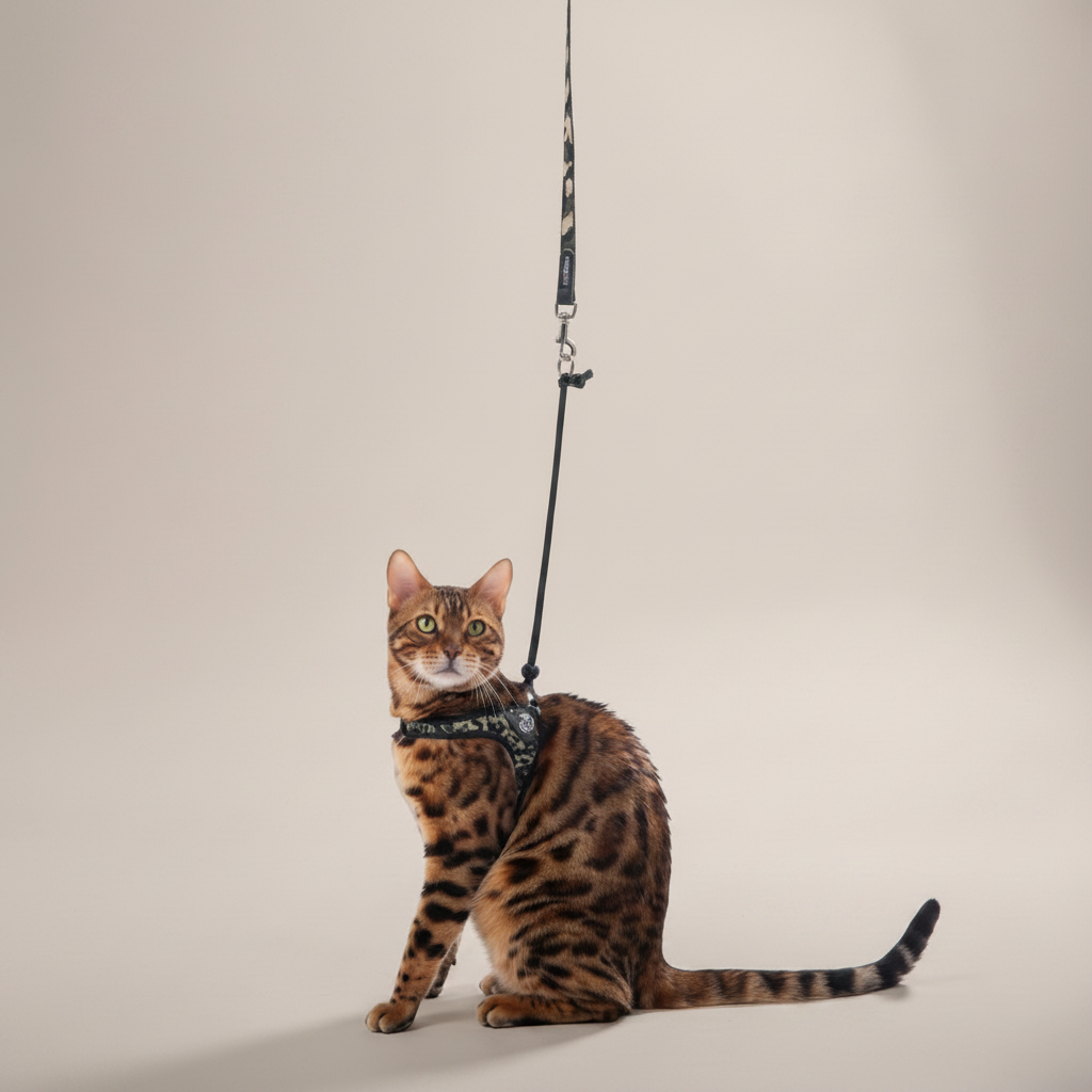 Lupiora TRE PONTI Easy Fit Hundegeschirr in Camouflage mit reflektierendem Rand an einer Bengal-Katze