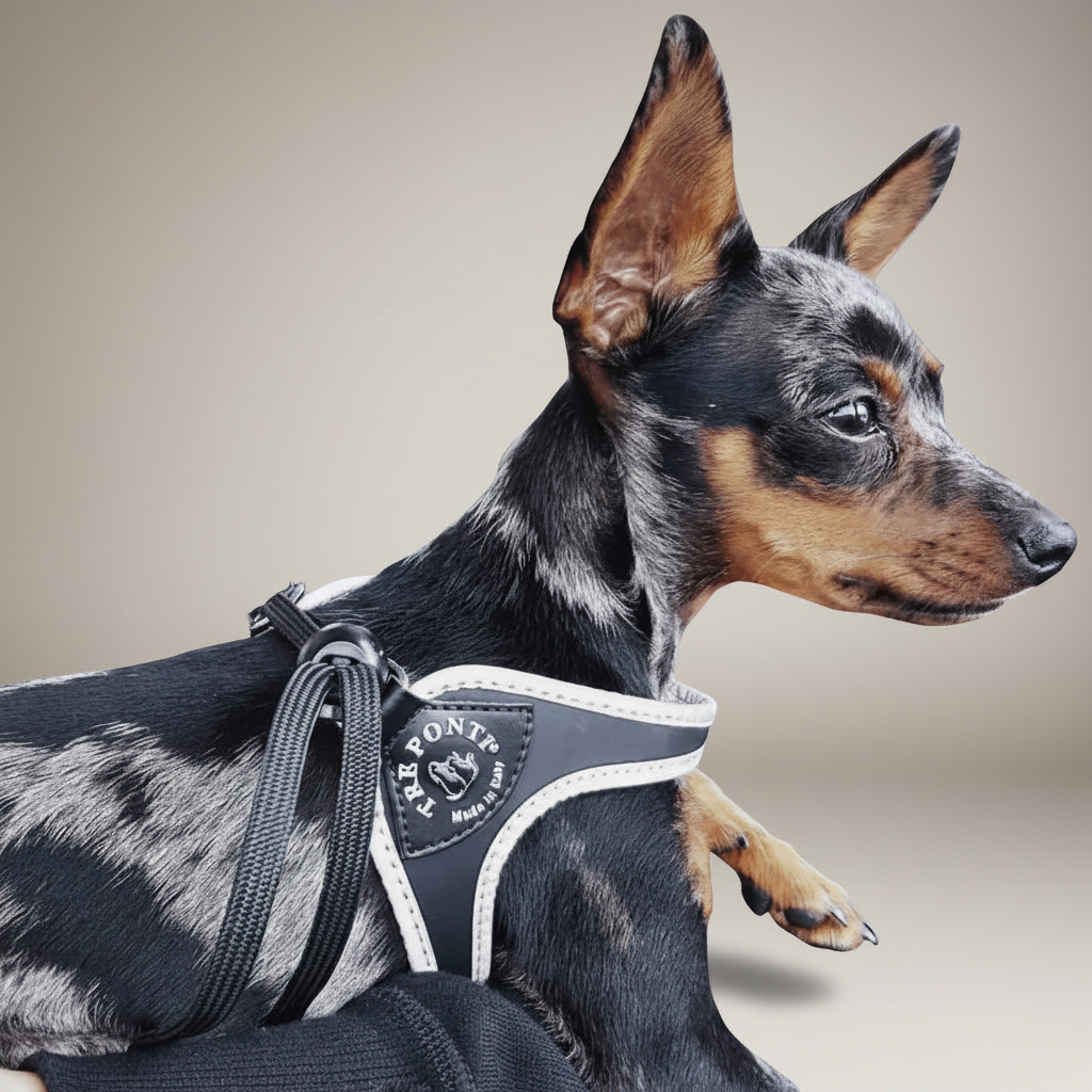 Lupiora Tre Ponti Easy Fit Hundegeschirr in Schwarz mit reflektierendem Rand an einem kleinen Hund