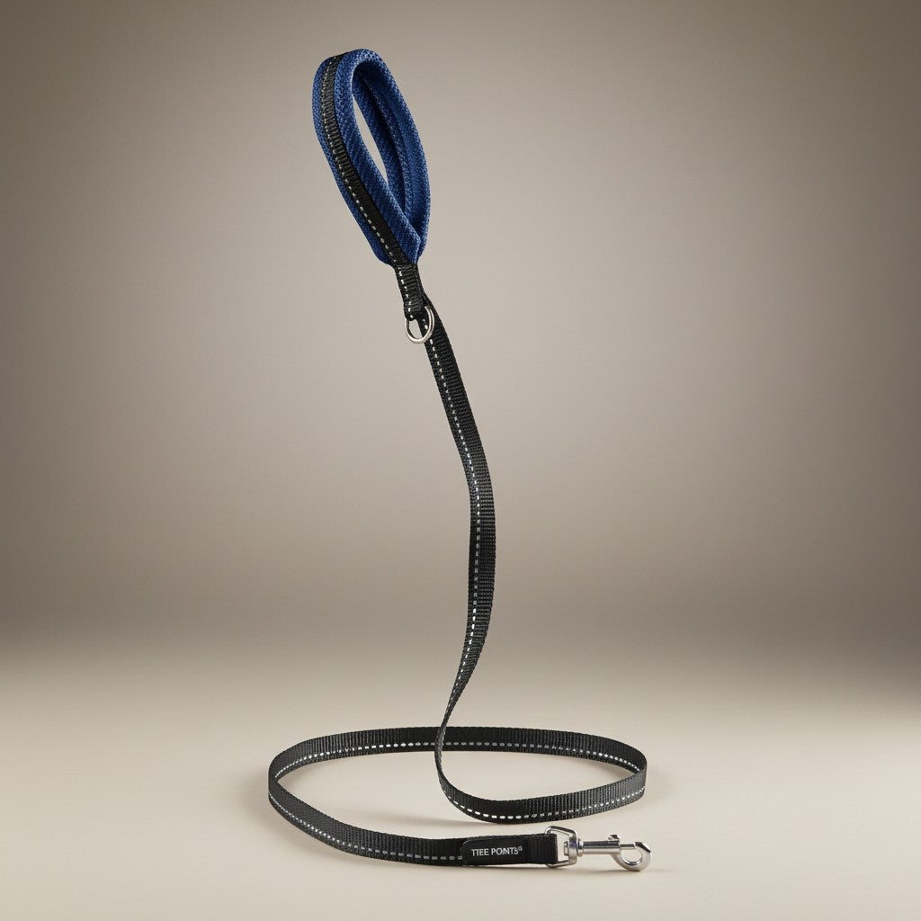 Lupiora Tre Ponti Mesh Hundeleine in Schwarz mit blauem Netzgriff, reflektierendem Band und Metallkarabiner