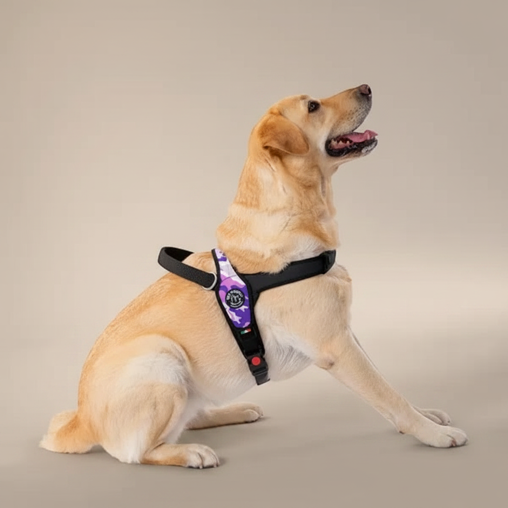 Lupiora TRE PONTI Primo Hundegeschirr in Camouflage-Lila an einem Labrador, ergonomisch und verstellbar